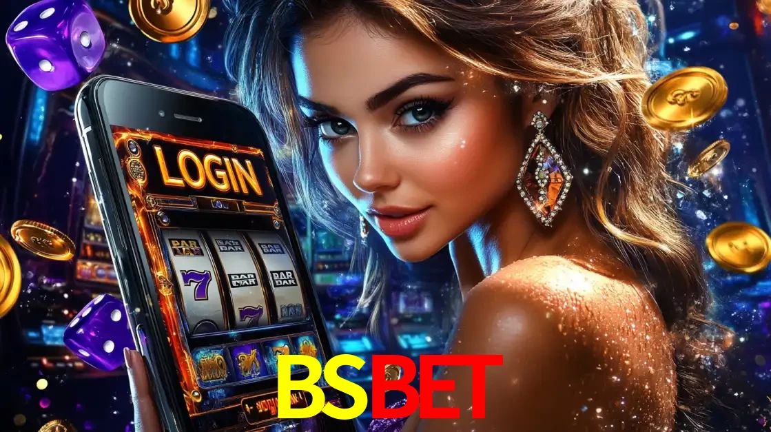 Mulher glamorosa segurando um smartphone com a tela de login para os jogos de caça-níqueis do cassino online BSBET, com moedas de ouro e dados ao redor.