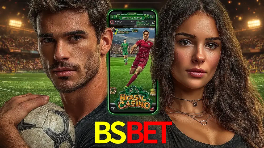 Homem segurando uma bola de futebol e uma mulher ao lado de um smartphone exibindo o jogo de apostas esportivas da BSBET. Faça seu palpite no cassino online.
